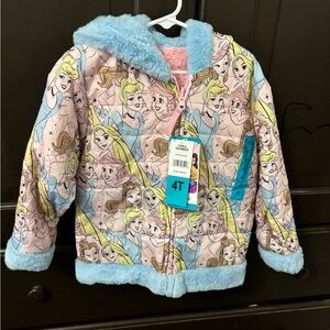Disney Girls Princess Puffer/Faux Fur Reversible Jacket - Pink and Blue